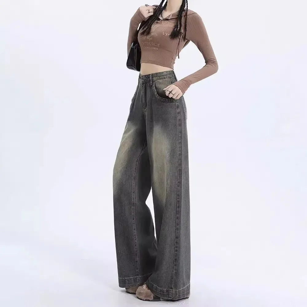 Nueva llegada otoño 2023 pantalones vaqueros de pierna ancha Vintage de cintura alta estilo americano para mujer pantalones vaqueros holgados informales de pierna recta