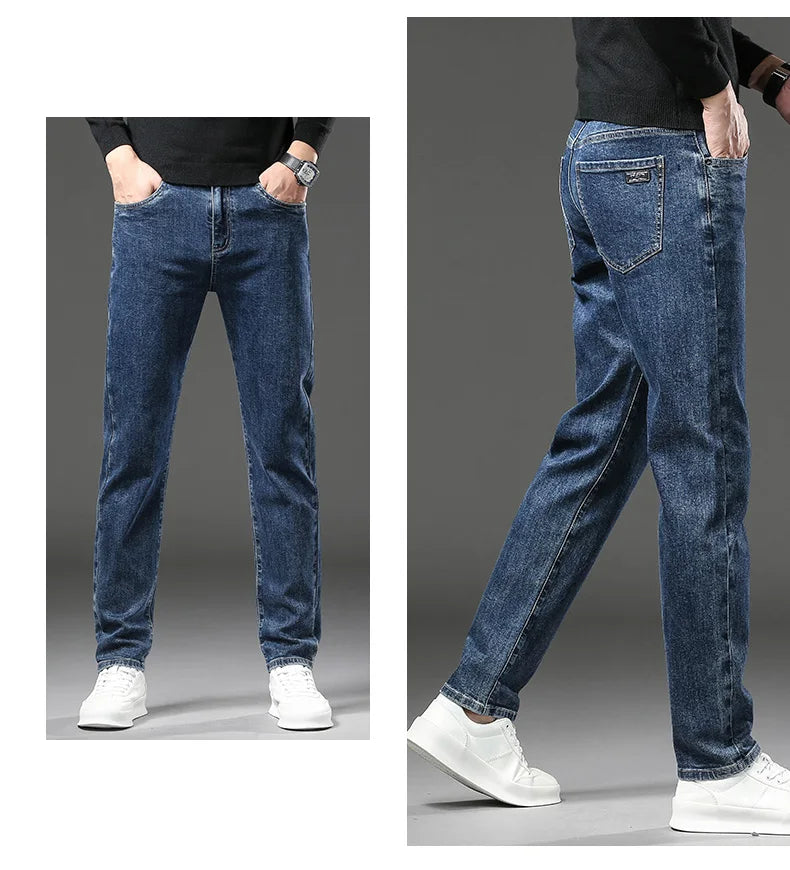 Pantalones vaqueros gruesos y cálidos de lana de invierno para hombre, pantalones vaqueros elásticos rectos ajustados, ropa informal para hombre, pantalones de felpa a la moda