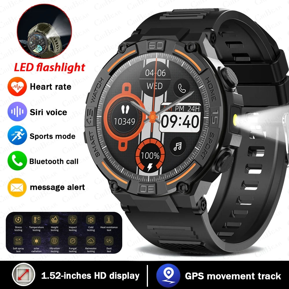 Reloj inteligente militar para hombre, dispositivo con pantalla HD de 360x360, linterna, control de la salud, resistente al agua, control del ritmo cardÃaco, llamadas BT, para Android e IOS