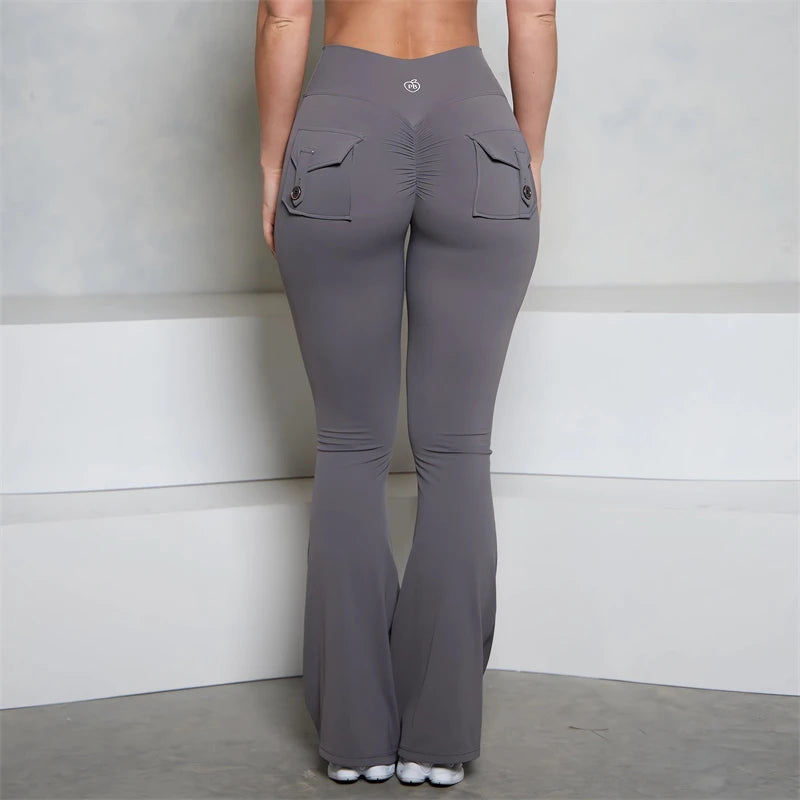 BUM gris bolsillo acampanado Scrunch Butt pantalones PB mujeres ajustado Sexy pantalones de cintura alta Push Up deporte Fitness Flare Leggings