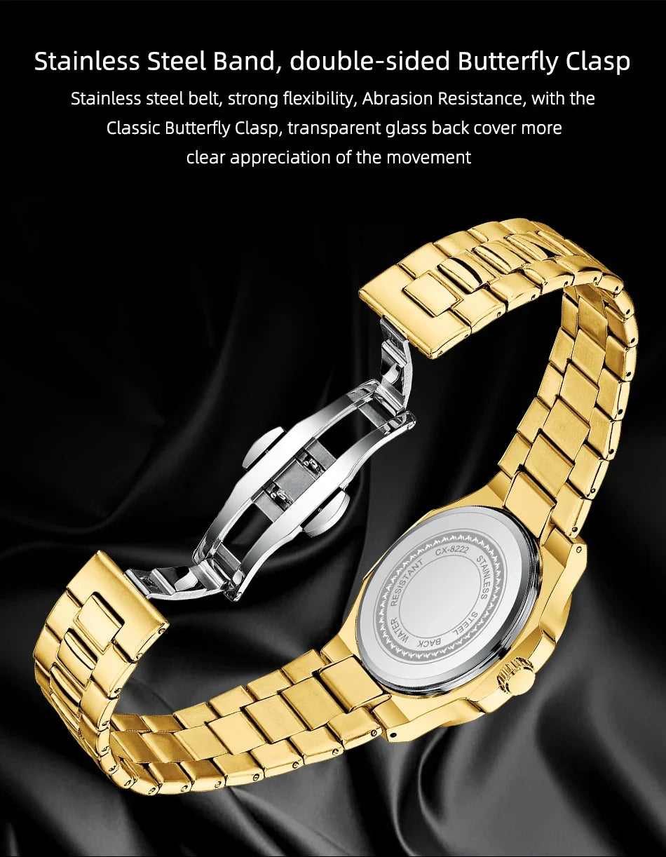 CHENXI 8222 reloj de negocios informal luminoso de acero inoxidable dorado de lujo para hombres relojes de pulsera de cuarzo de moda resistente al agua