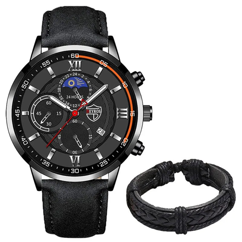 Conjunto de 2 piezas de relojes deportivos de moda para hombre, pulsera de cuero de negocios, reloj de cuarzo informal para hombre, reloj luminoso de lujo para hombre