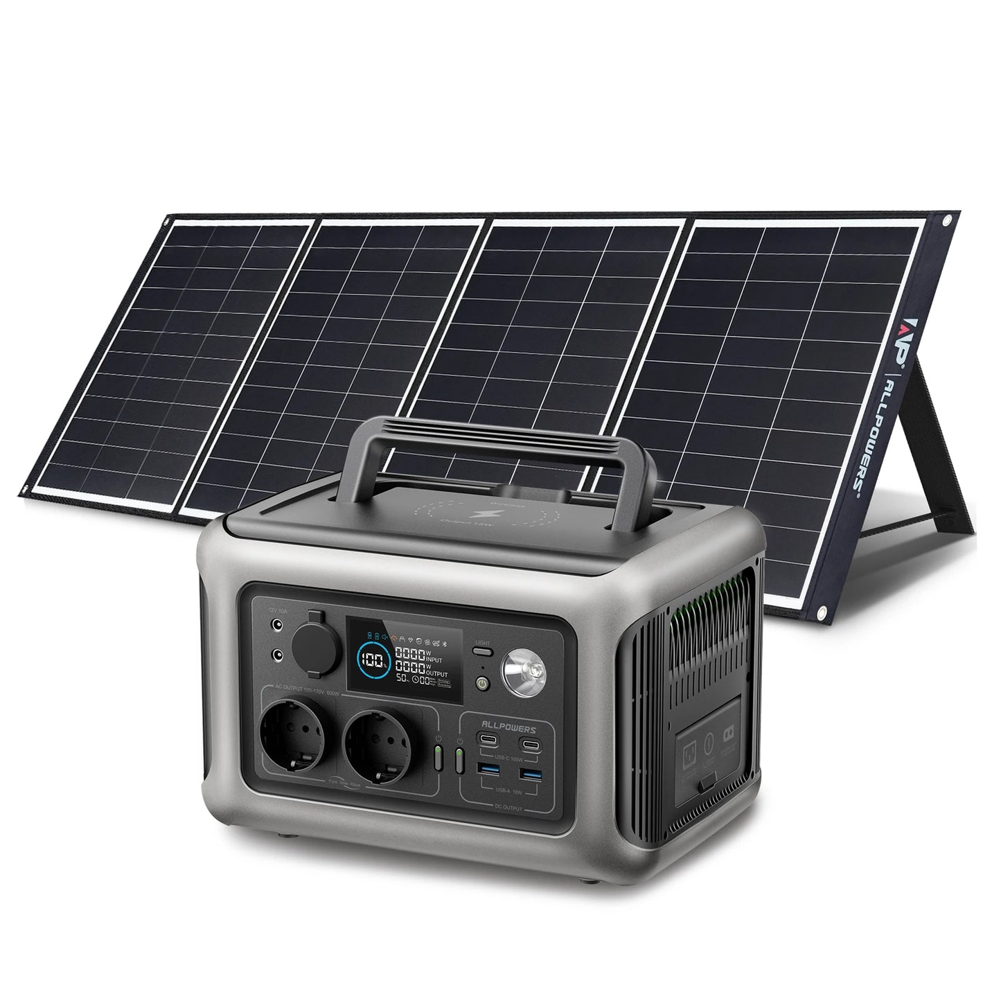 Estación de energÃa portátil ALLPOWERS R600 con panel solar (opcional), baterÃa LiFePO4 de 29Wh y 600W para respaldo en el hogar, camping al aire libre, RV