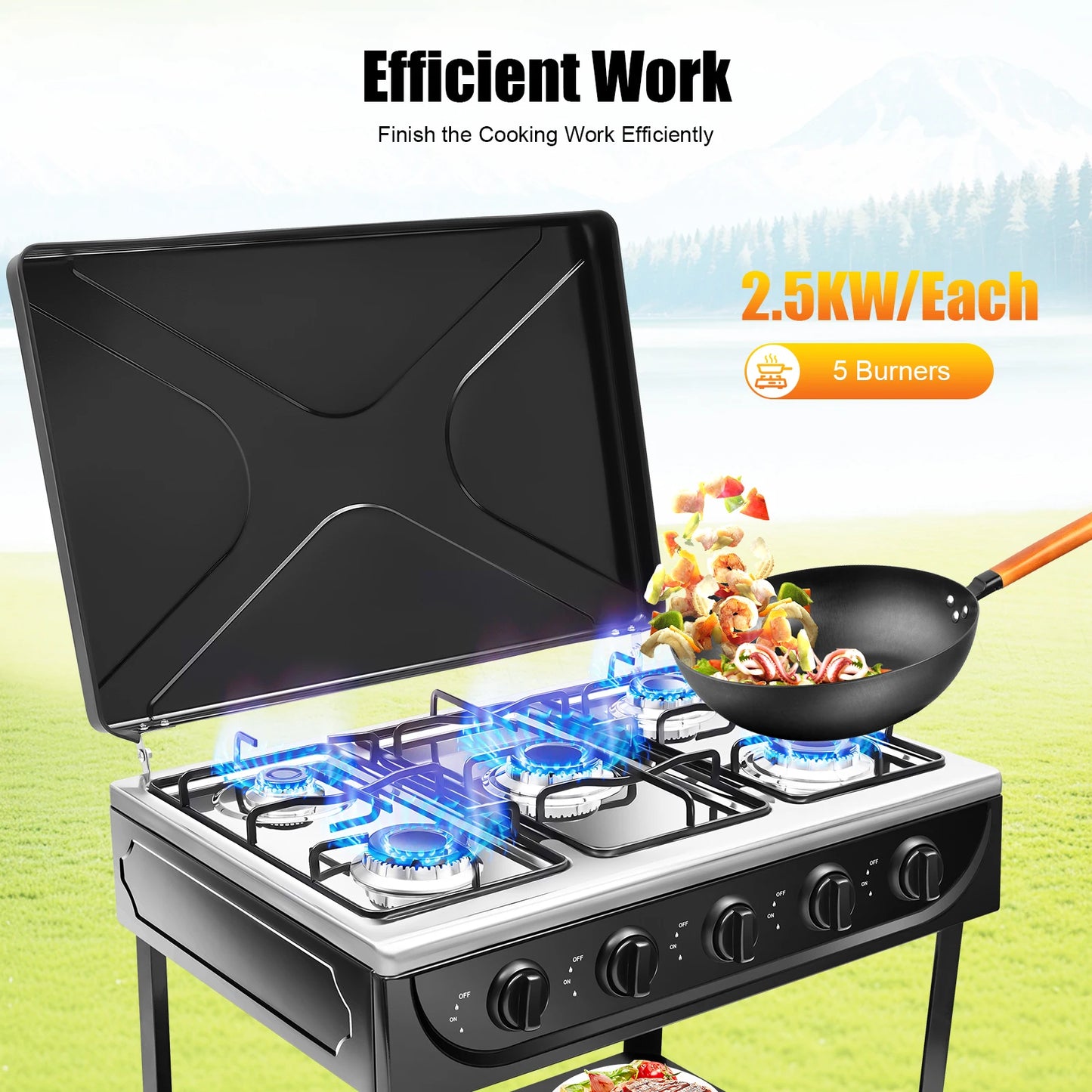 Estufa de Gas Natural de Control independiente, estufa de Gas propano extraÃble con cubierta para acampar al aire libre, RV, viajes, 4/5 quemadores