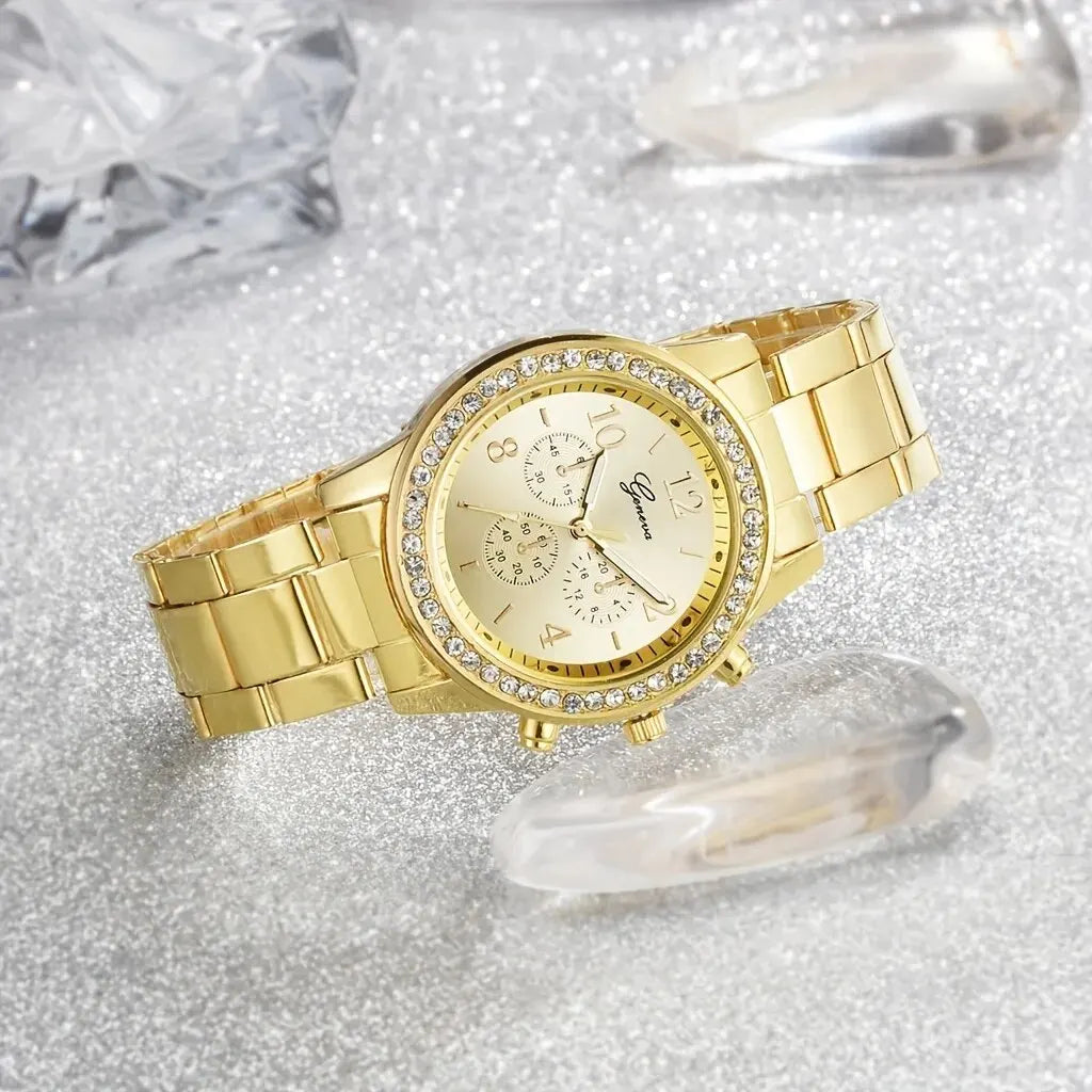 Juego de 5 piezas de reloj de oro para mujer, anillo de lujo, collar, pendientes, diamantes de imitación, reloj de pulsera de moda, relojes casuales para mujer, conjunto de pulsera