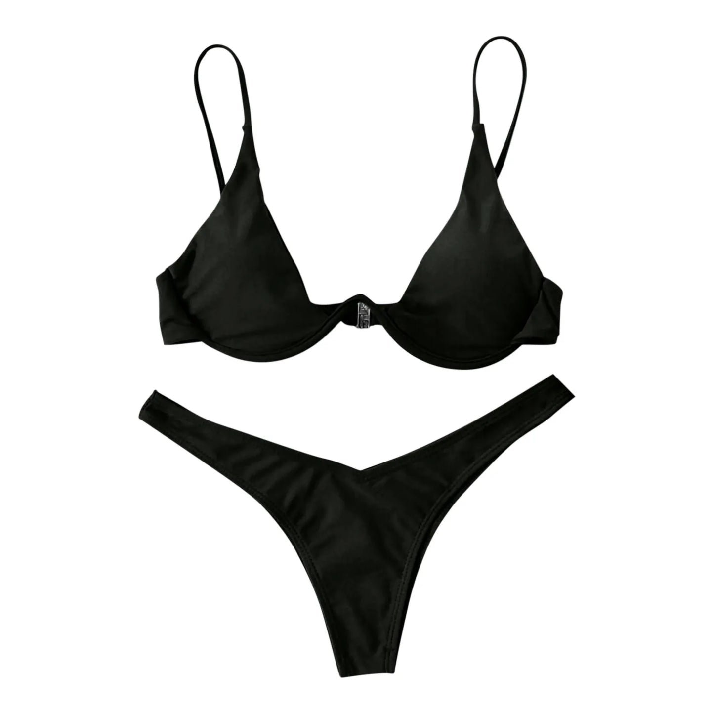 Bikini Sexy con aros para Mujer, traje de baño rojo liso con sujetador de realce, Tanga, traje de baño con cuello Halter y cuello de pico, Mini microtanga 2024