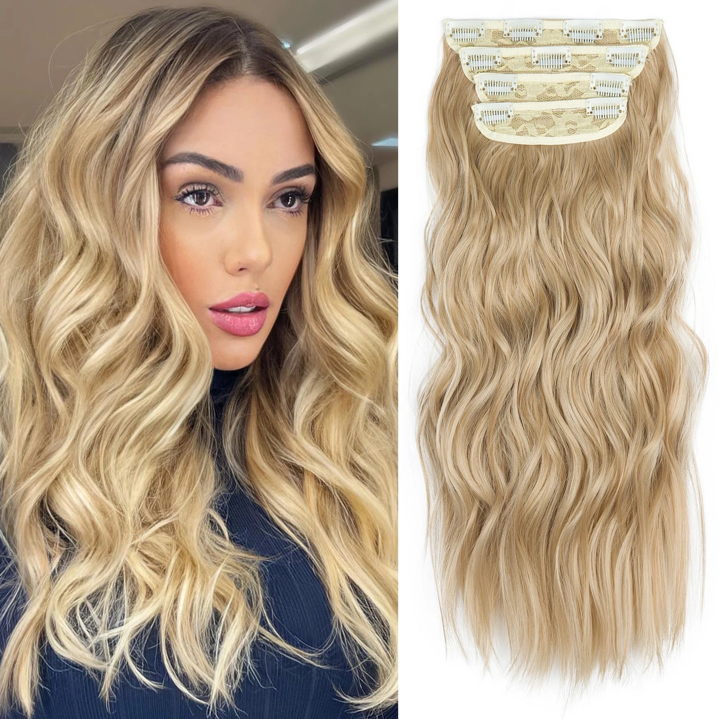 4 unids/set 20 pulgadas Clip de pelo sintético en postizos gruesos y largos ondulados para mujeres extensiones de cabello sintético de cabeza completa postizos ombré