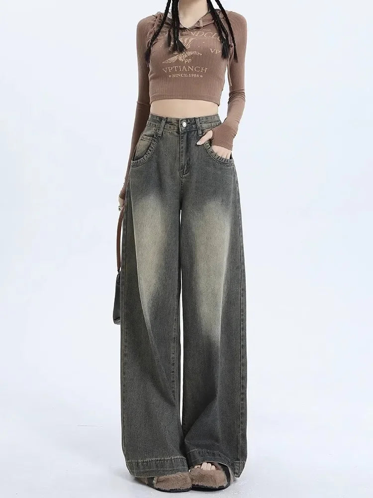 Nueva llegada otoño 2023 pantalones vaqueros de pierna ancha Vintage de cintura alta estilo americano para mujer pantalones vaqueros holgados informales de pierna recta