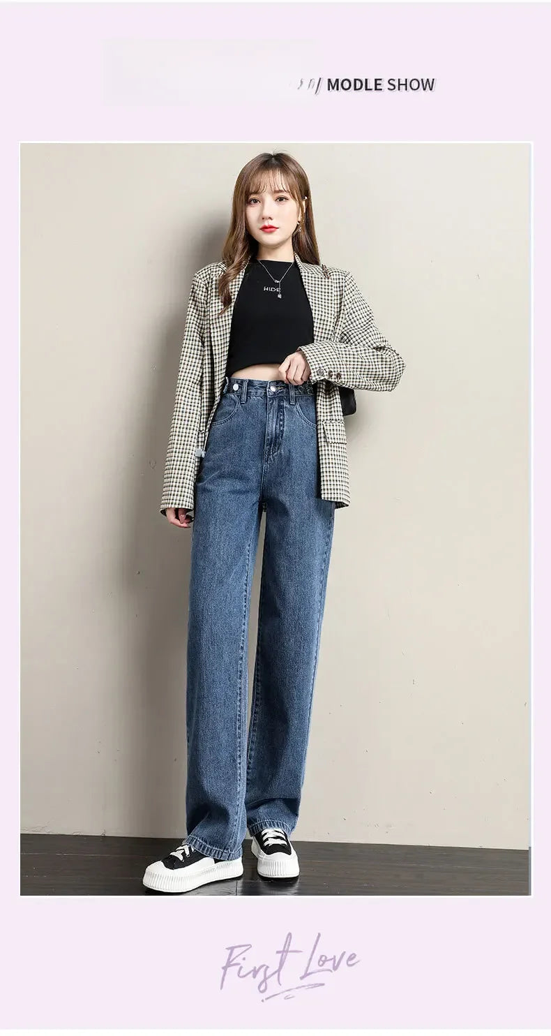 Pantalones vaqueros sueltos para mujer, diseño de cintura alta, entrepierna recta ajustable, pantalones de estilo Retro, tela de algodón, estilo informal cómodo