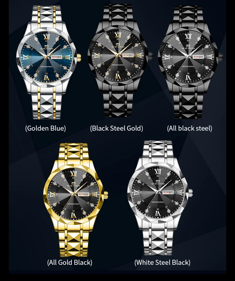 Reloj para hombre con diamantes de agua, lujo, brillo nocturno, doble calendario, movimiento de cuarzo, 41mm, oro azul, acero inoxidable, reloj de negocios de moda