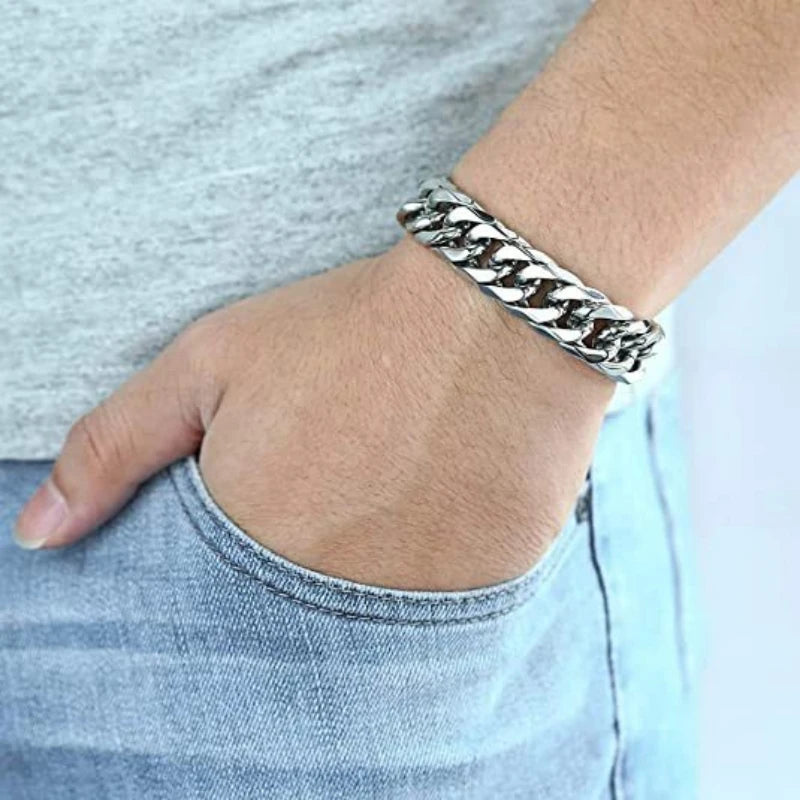 HNSP-collar de cadena cubana de acero inoxidable para hombre, pulsera para cuello, Color plateado, cadenas de mano largas de 8MM-14MM de grosor, regalo masculino