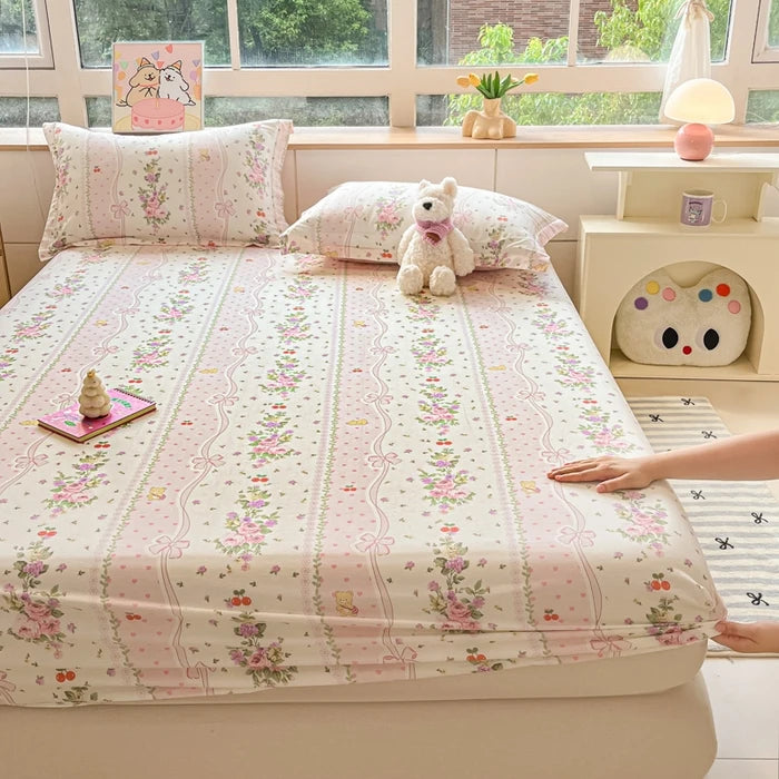 Juego de sábanas ajustadas de algodón 100% puro con funda de almohada, funda de cama con estampado de flores, sábanas individuales/Queen/King Size