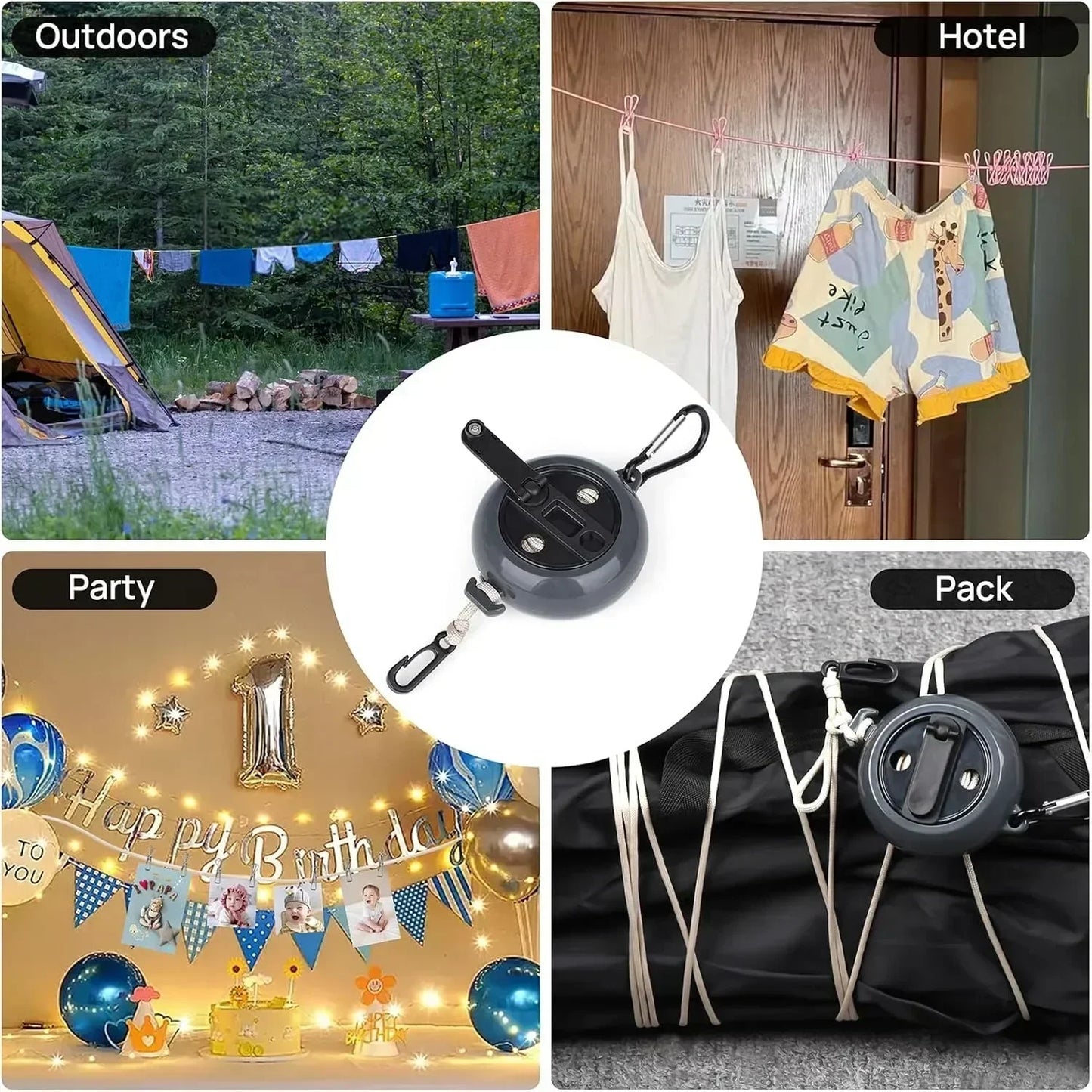 Tendedero ajustable para viajes al aire libre, tendedero portátil para exteriores, tendedero retráctil para exteriores, multiherramienta para acampar, color negro, 1 ud.