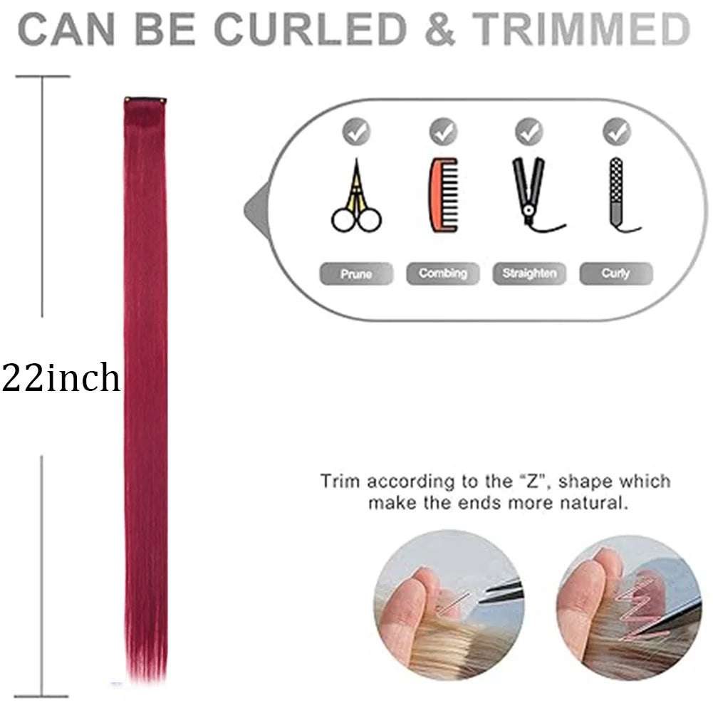 10 unids/pack de extensiones de cabello con Clip para fiesta de colores para niñas, postizos sintéticos de pelo liso de 22 pulgadas de colores Omber