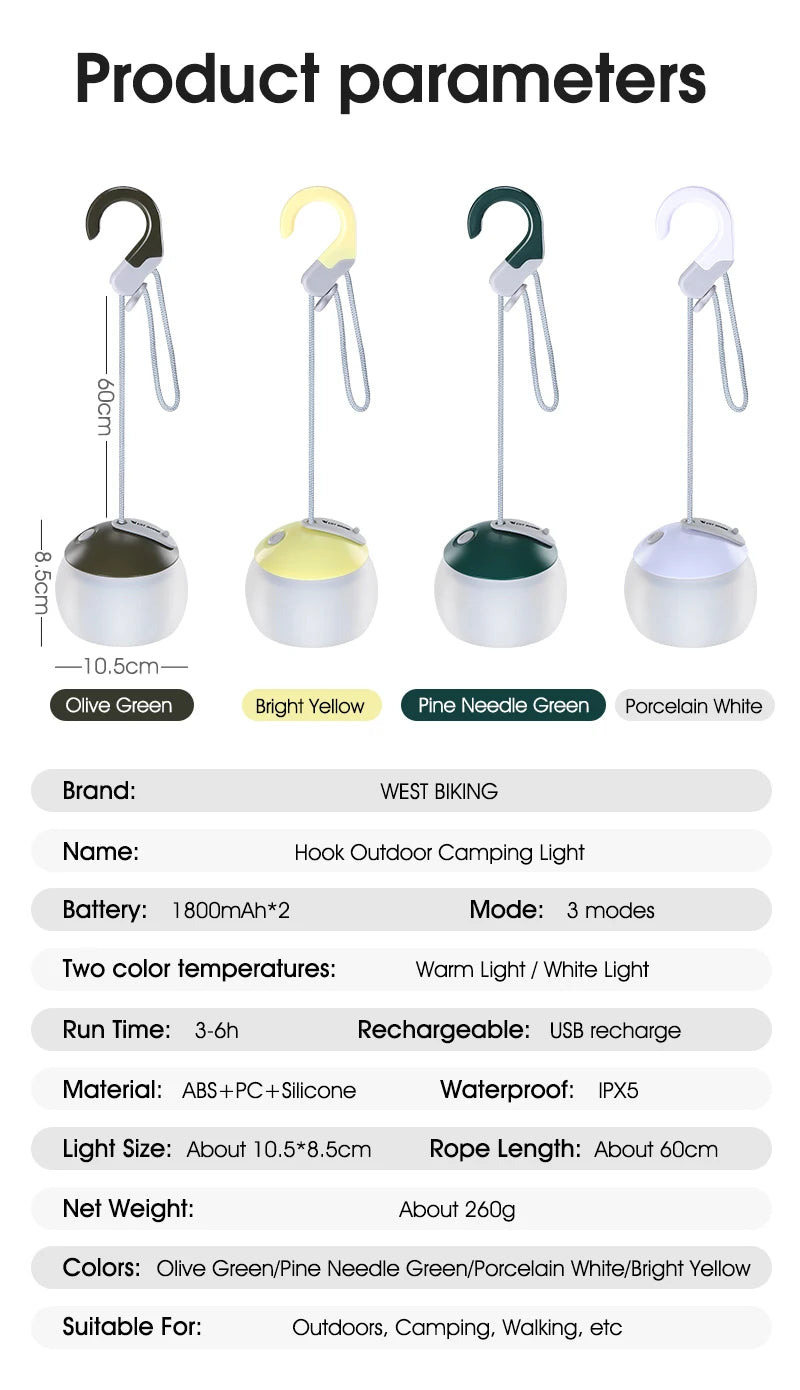 WEST BIKING-luz colgante para tienda de campaña, linternas portátiles para acampar, luz Led recargable por USB, lámpara de campamento para emergencias al aire libre