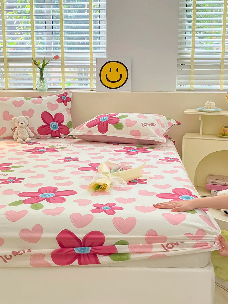 Juego de sábanas ajustadas de algodón 100% puro con funda de almohada, funda de cama con estampado de flores, sábanas individuales/Queen/King Size