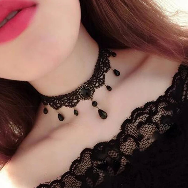 Nuevas gargantillas góticas sexis, gargantilla de cuello de encaje negro de cristal, collar Vintage victoriano para mujer, joyerÃa Steampunk