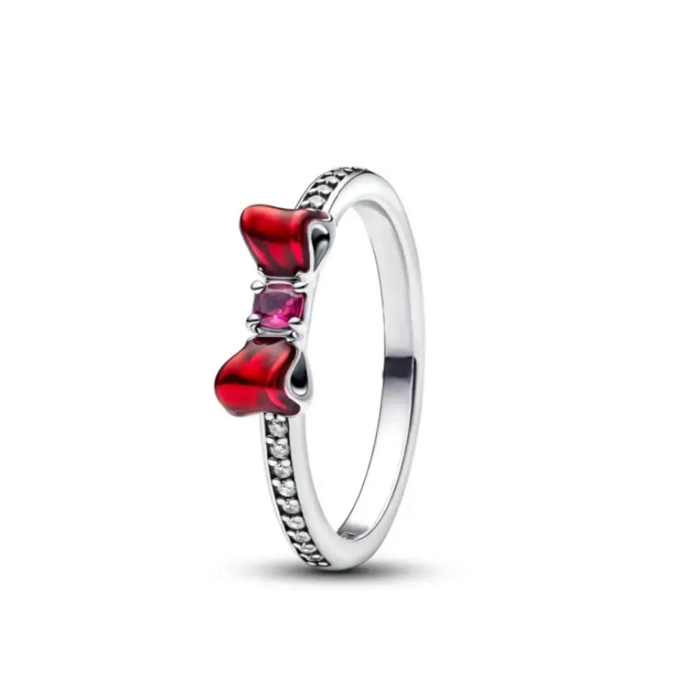 Anillo elegante de Plata de Ley 925 con concha de lazo esmaltado rojo y piedra de corazón Original para mujer, anillos de joyería para fiesta de boda