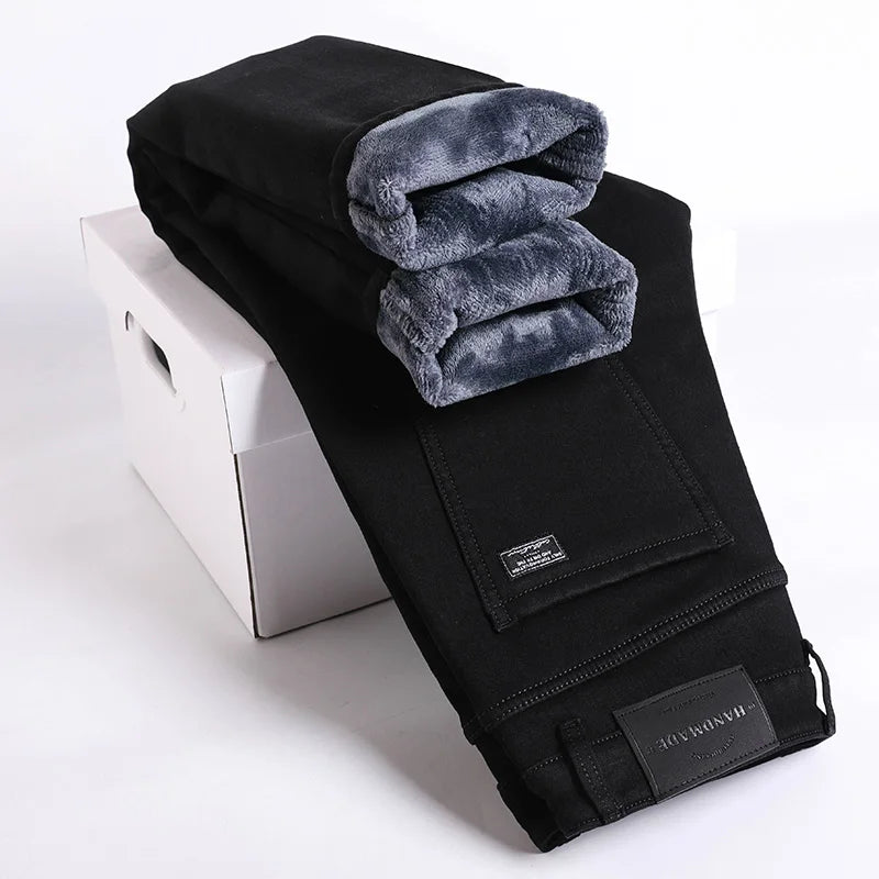 Pantalones vaqueros gruesos y cálidos de lana de invierno para hombre, pantalones vaqueros elásticos rectos ajustados, ropa informal para hombre, pantalones de felpa a la moda