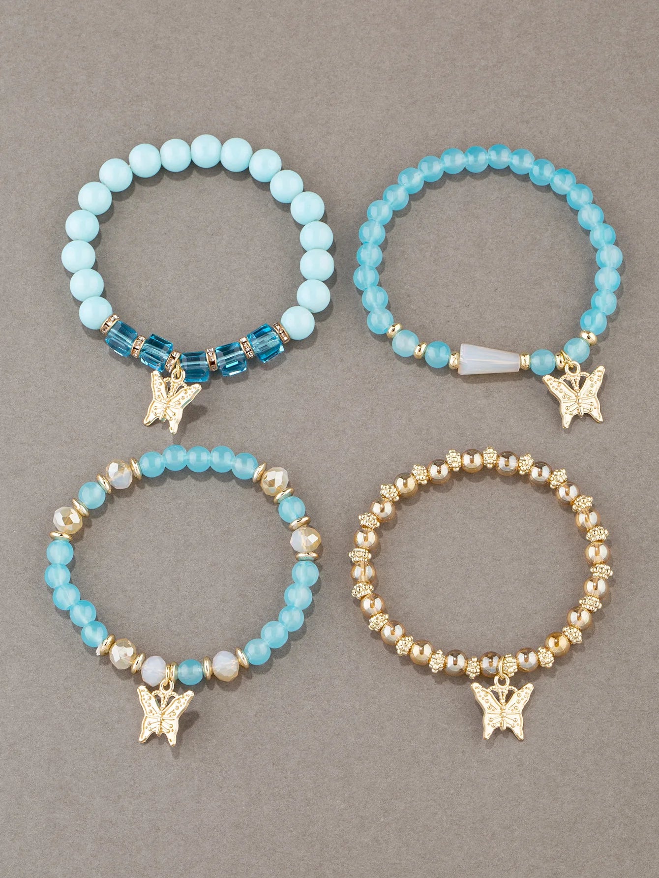 Conjunto de pulsera con cuentas de mariposa para mujer, brazalete de cadena elástica con cuentas acrÃlicas rosas, regalo de joyas de fiesta bohemia, 4 Uds.