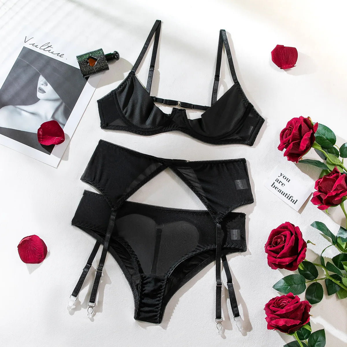 Lenceria Mujer Sexy sujetadores push-up trajes Sexy sujetador bragas conjunto G-string liguero Lenceria conjunto vestido de encaje ropa Ãntima de Mujer