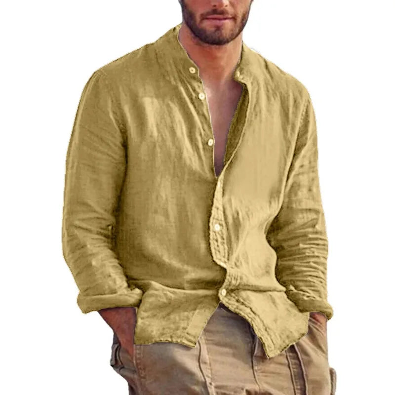 Ropa de chándal para hombre, camisa de manga larga, camisas de lino de Color sólido, Tops informales ligeros y transpirables con cuello levantado, camisa hawaiana