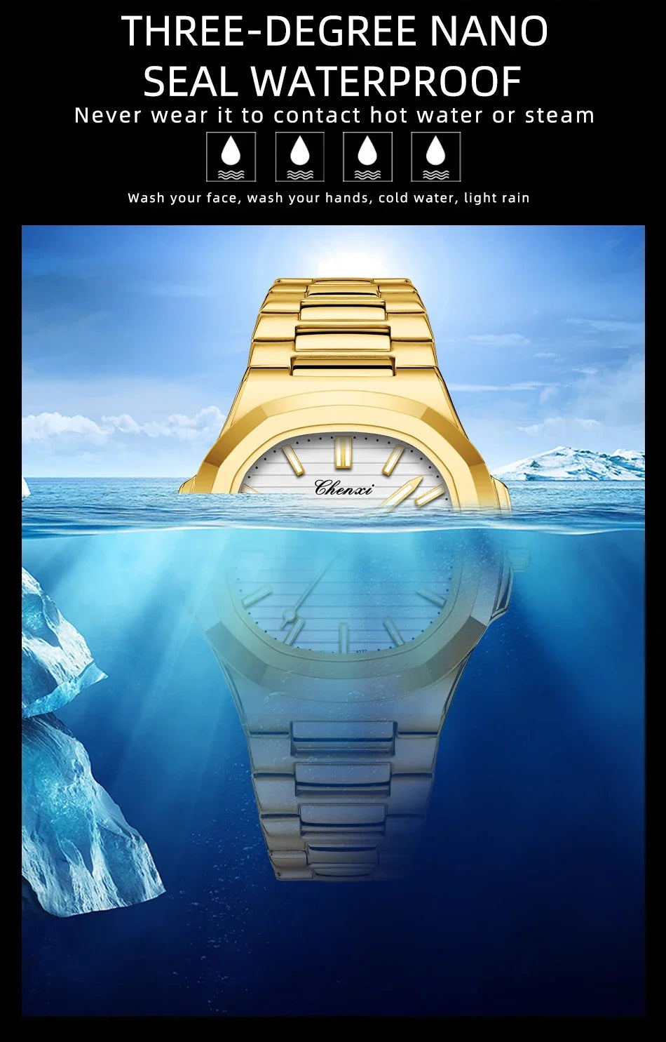 CHENXI 8222 reloj de negocios informal luminoso de acero inoxidable dorado de lujo para hombres relojes de pulsera de cuarzo de moda resistente al agua