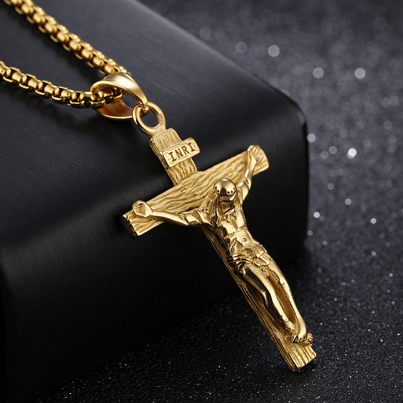 Collar religioso de acero inoxidable con cruz de Jesús para hombres, colgante de cruz de Color dorado y plateado con cadena, regalo de joyerÃa