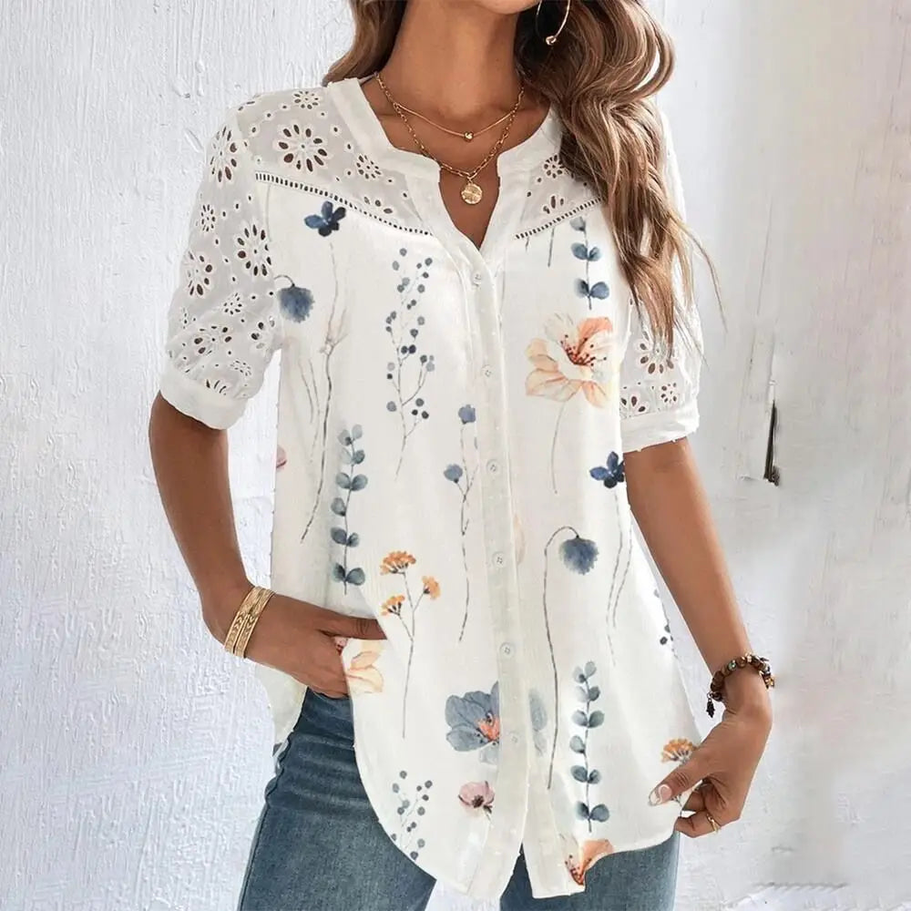 Camisa de encaje informal para mujer, camisa holgada de manga corta, elegante, para vacaciones y fin de semana