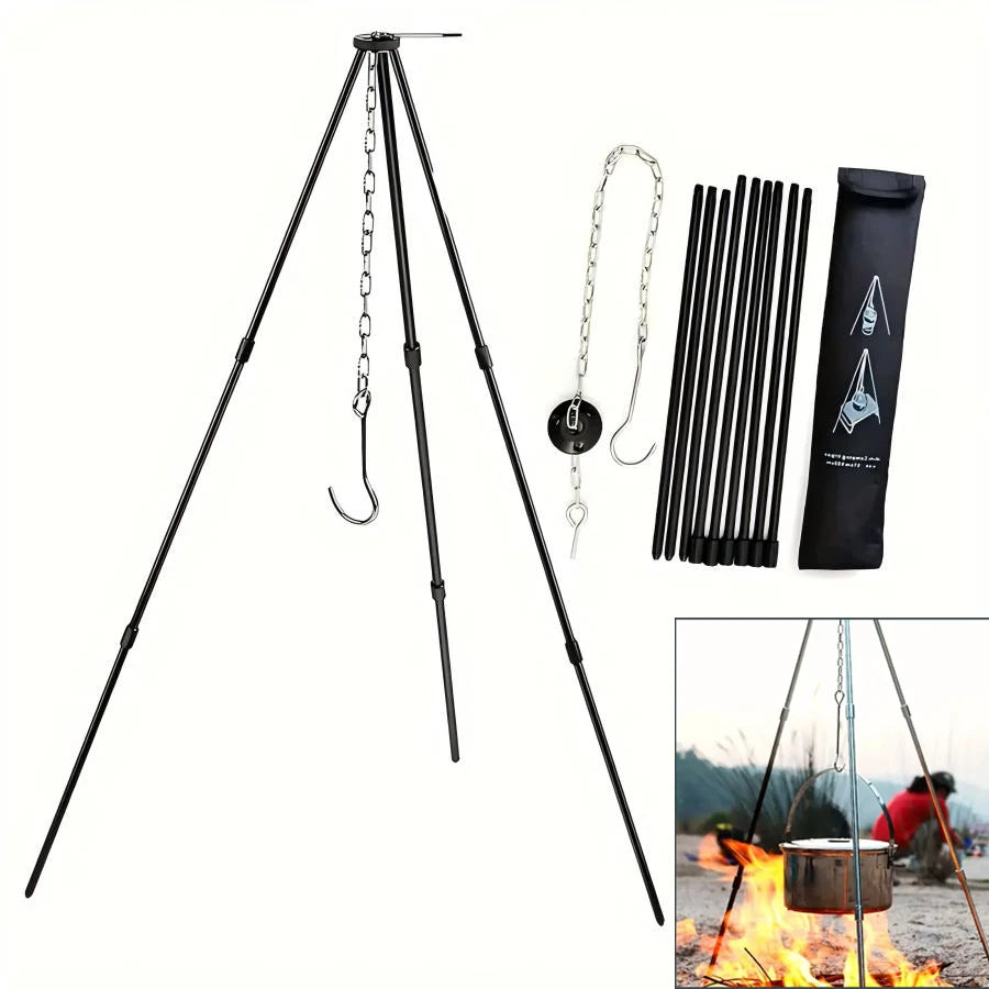 Trípode para fogata para acampar, olla colgante ajustable, cocina estable para fogata, esencial para Picnic, compacto y ligero, fácil de llevar