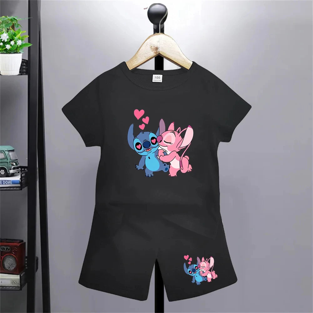Camiseta de punto de Disney con dibujos animados de verano para niñas, camisetas rojas y rosas para niños, ropa superior, camisetas de moda para niños, conjunto de pantalones cortos para niños de 3 a 12 años