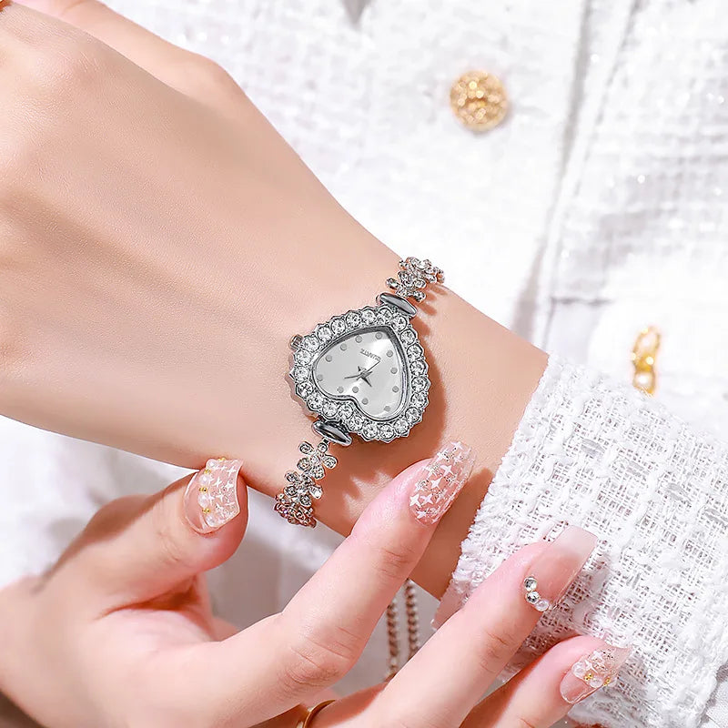 Conjunto de 2 uds de relojes para mujer, pulsera de lujo con diamantes de imitación, relojes de pulsera de cuarzo con esfera de corazón para mujer, reloj de vestir, reloj para mujer (sin caja)
