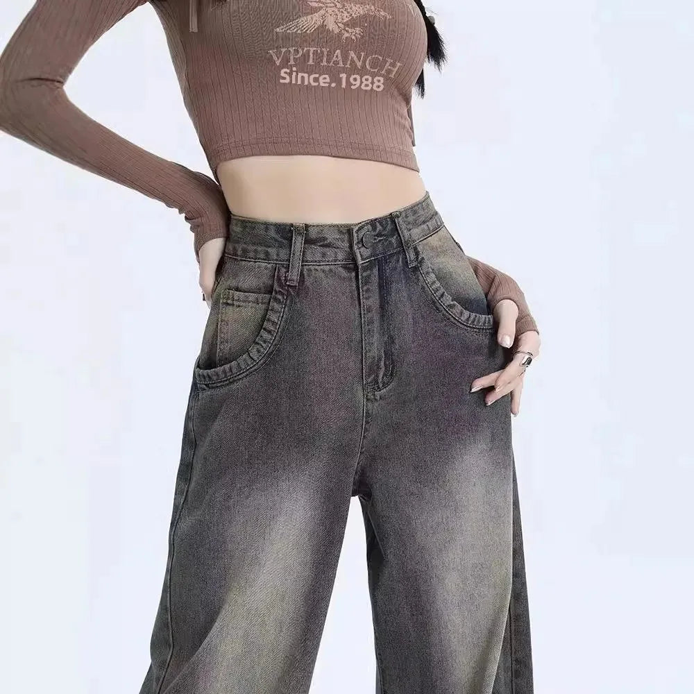 Nueva llegada otoño 2023 pantalones vaqueros de pierna ancha Vintage de cintura alta estilo americano para mujer pantalones vaqueros holgados informales de pierna recta