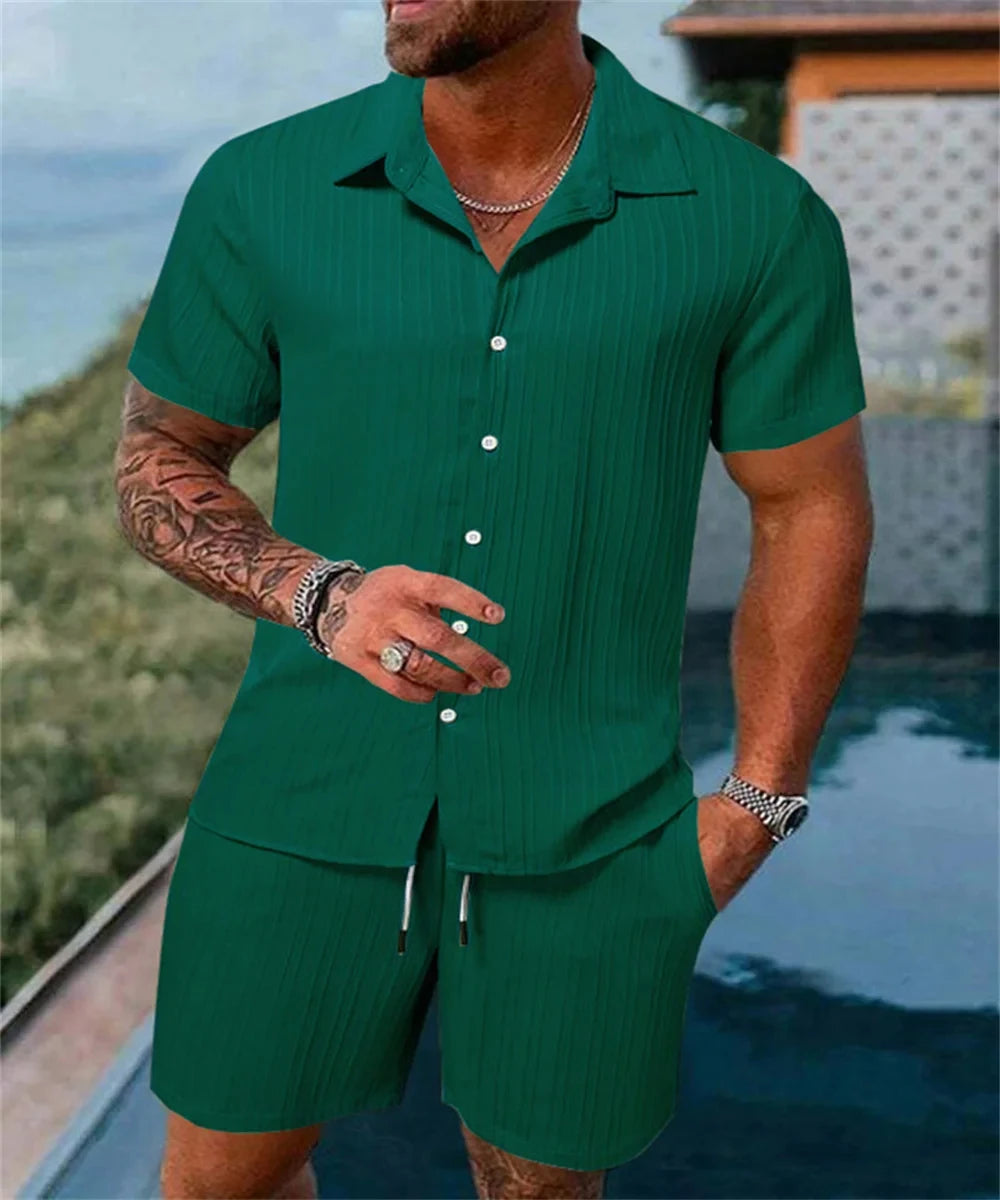 Pantalones cortos sueltos de manga corta para hombre, traje deportivo a rayas, Top informal de Fitness, pantalones cortos de playa, tendencia de moda de verano