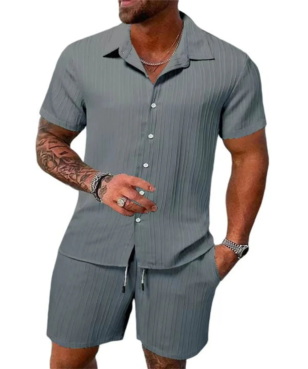 Pantalones cortos sueltos de manga corta para hombre, traje deportivo a rayas, Top informal de Fitness, pantalones cortos de playa, tendencia de moda de verano