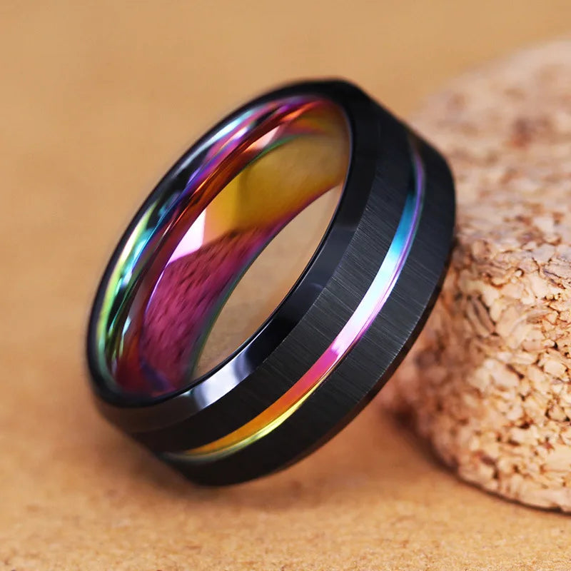 Anillos de boda de tungsteno negro de 8mm a la moda para hombre, anillo de compromiso con borde biselado y ranura negra para regalos de San ValentÃÂn, joyerÃÂa