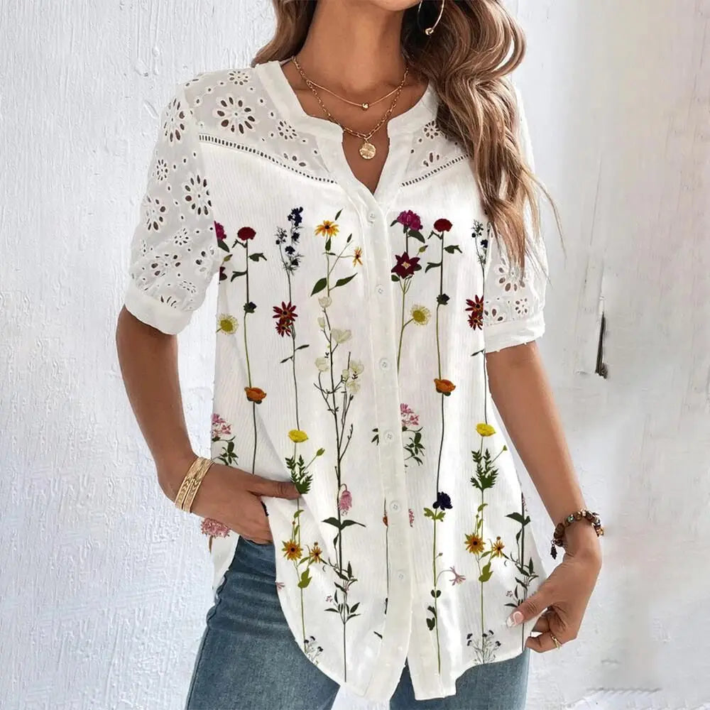 Camisa de encaje informal para mujer, camisa holgada de manga corta, elegante, para vacaciones y fin de semana