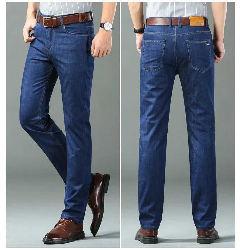 Nuevos pantalones vaqueros finos de seda de hielo para hombres, pantalones de algodón elásticos rectos azules, pantalones ligeros informales de negocios para primavera y verano