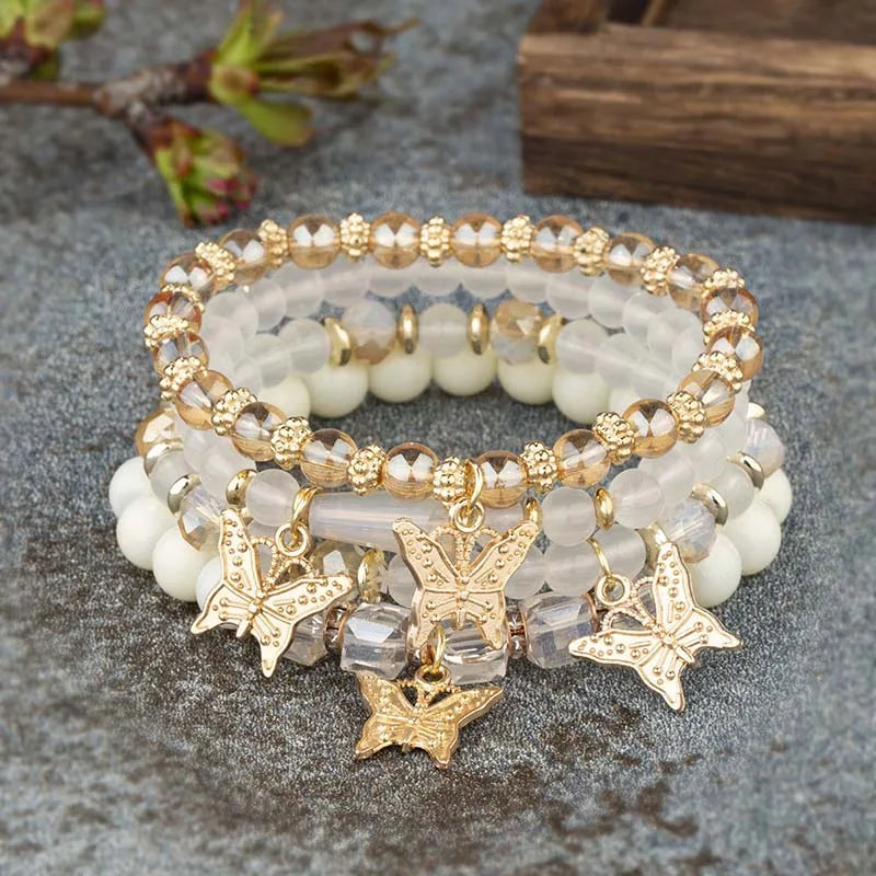 Conjunto de pulsera con cuentas de mariposa para mujer, brazalete de cadena elástica con cuentas acrÃlicas rosas, regalo de joyas de fiesta bohemia, 4 Uds.