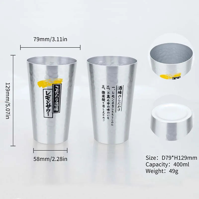 Juego de tazas de cerveza de aluminio de estilo japonés, 450ml, taza para beber reutilizable dorada y plateada para cerveza, agua, jugo, uso en fiestas de acampada al aire libre