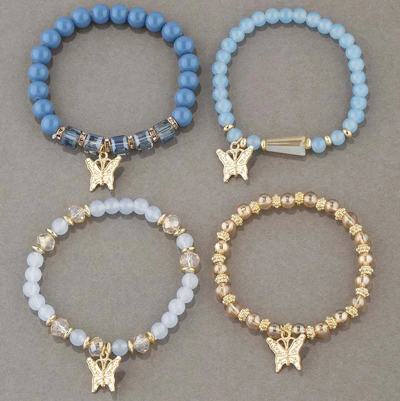 Conjunto de pulsera con cuentas de mariposa para mujer, brazalete de cadena elástica con cuentas acrÃlicas rosas, regalo de joyas de fiesta bohemia, 4 Uds.