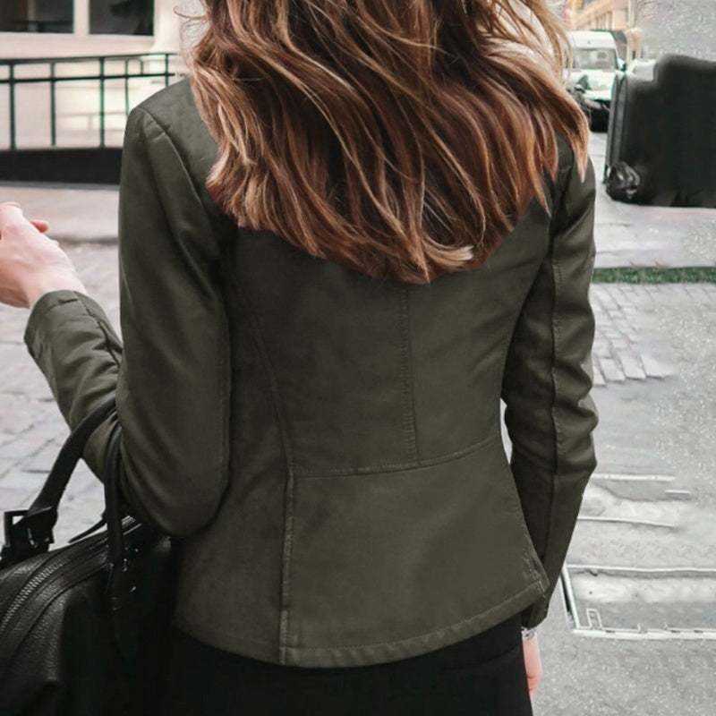 Chaqueta ajustada de piel sintética para mujer, chaqueta clásica de motociclista de PU, abrigo básico con cremallera para primavera y otoño