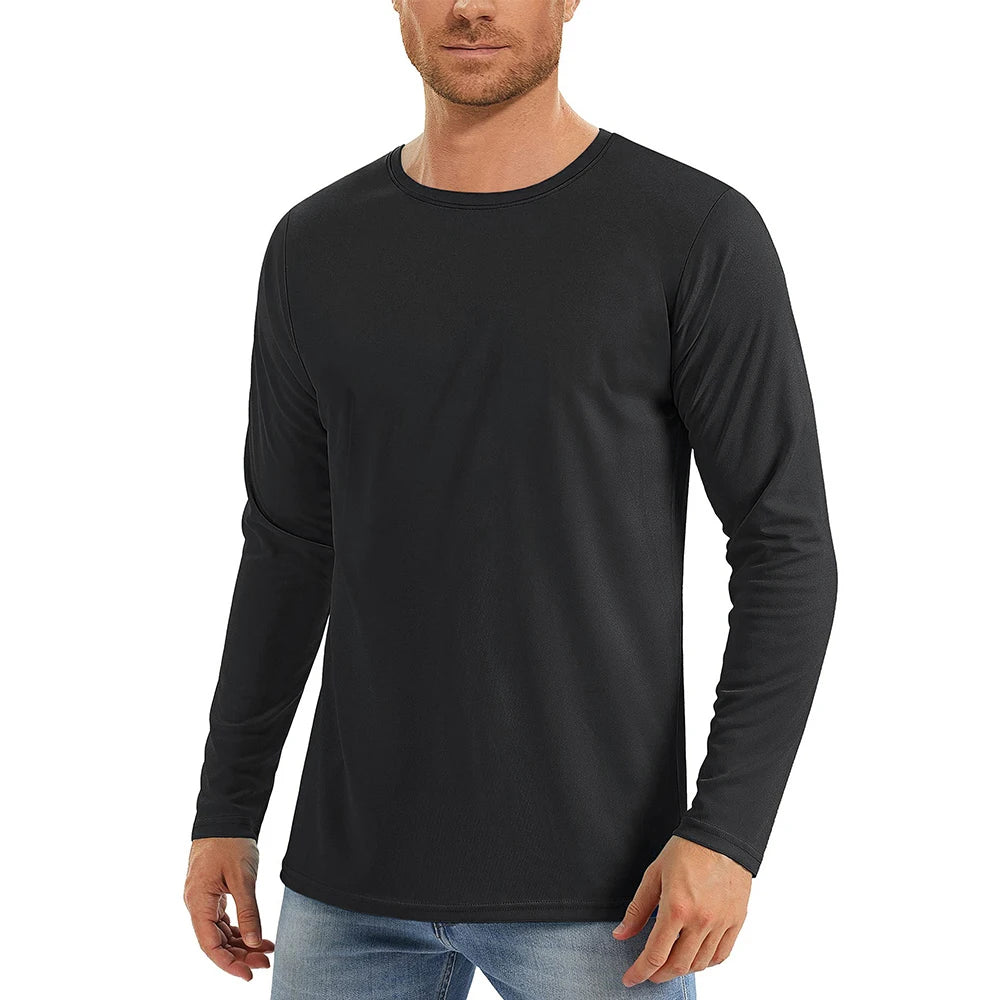 Camiseta con protección solar UV UPF50 + para hombre, camisetas de secado rápido con cuello redondo y manga larga de Color sólido para senderismo al aire libre y pesca