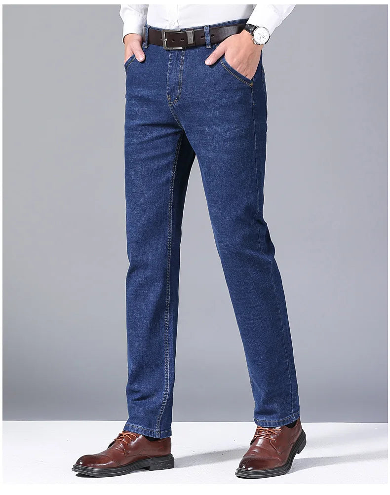 Nuevos pantalones ligeros de lujo elásticos ajustados para hombre, cómodos y suaves pantalones vaqueros informales rectos a la moda de negocios, ropa de marca masculina