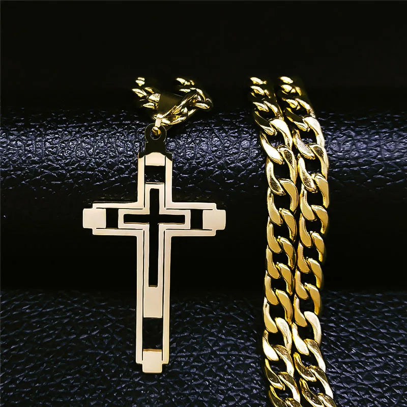 Collares de cadena de acero inoxidable con cruz de Hip Hop, collar con colgante largo de Color dorado para mujeres/hombres, joyerÃÂa para hombre N6055S05 2024