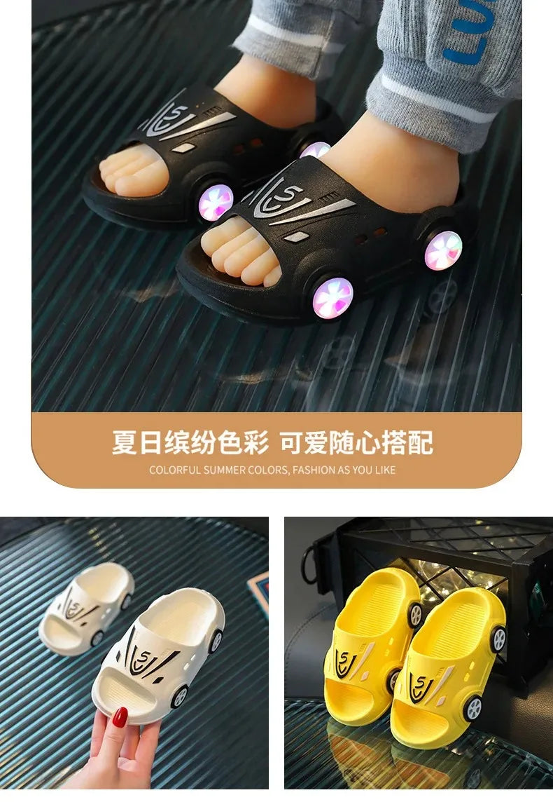 Zapatillas luminosas para niños, zapatos de verano para interiores con dibujos de coches para niñas, zapatos de playa suaves antideslizantes para niños, zapatillas LED de moda para exteriores para niños