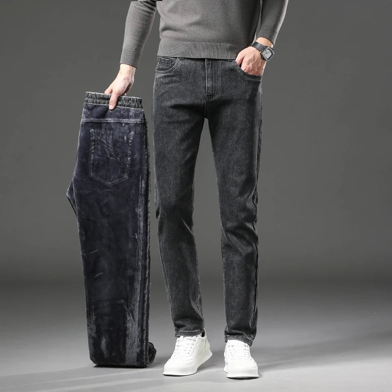 Pantalones vaqueros gruesos y cálidos de lana de invierno para hombre, pantalones vaqueros elásticos rectos ajustados, ropa informal para hombre, pantalones de felpa a la moda