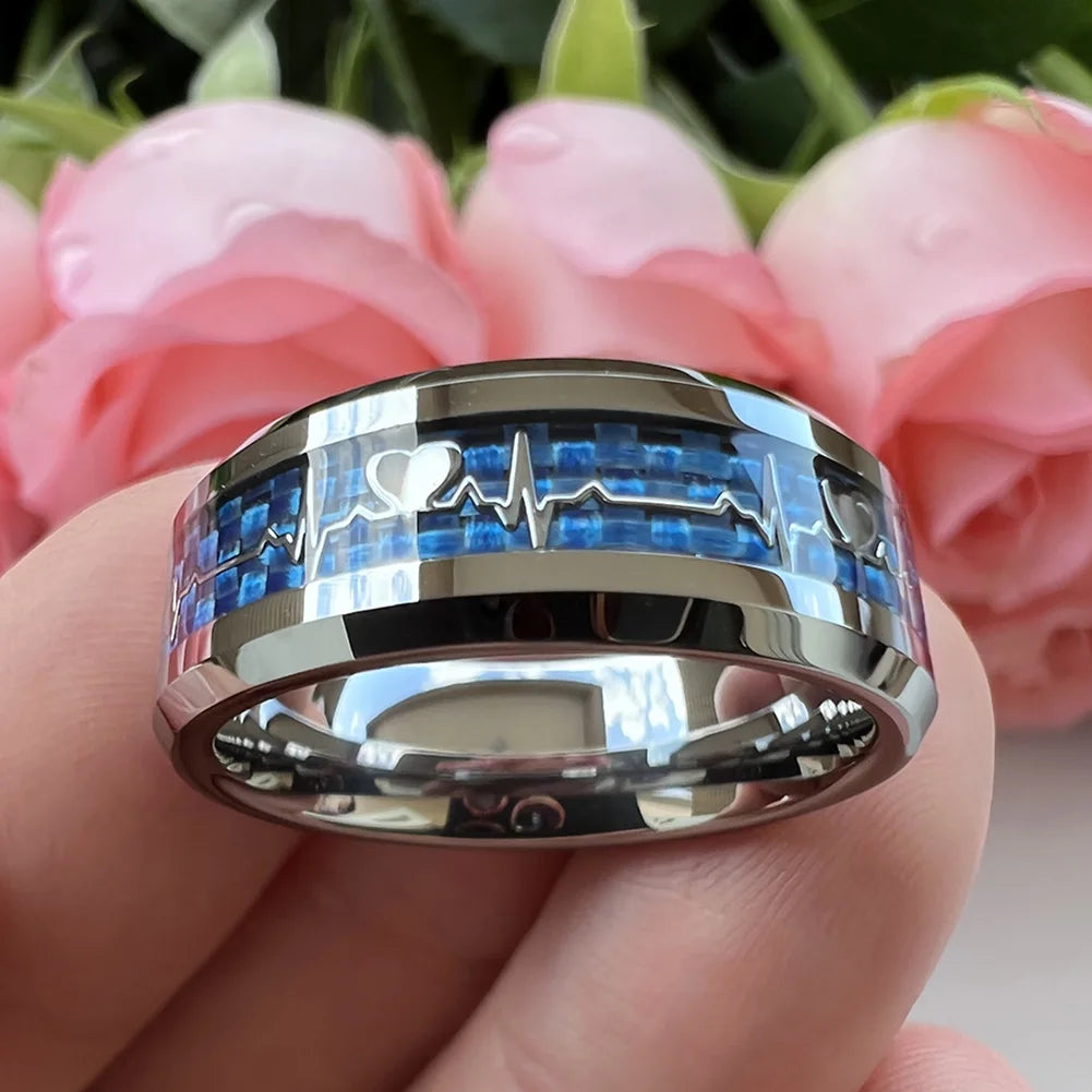 Anillos de compromiso de carburo de tungsteno con incrustaciones de corazón de fibra de carbono negra de 8mm a la moda, alianzas de boda con cúpula, pulido, brillante, ajuste cómodo