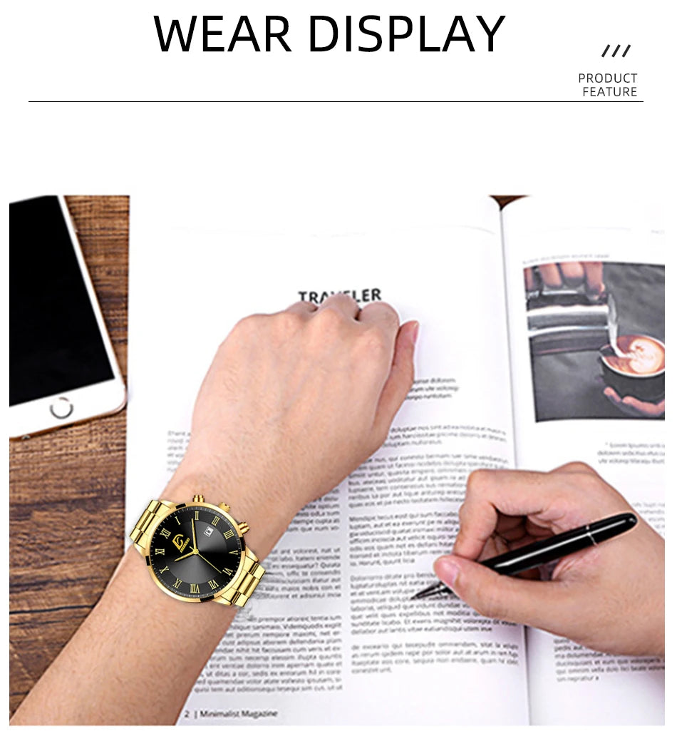 Relojes de acero inoxidable dorados a la moda para Hombre, Reloj de pulsera de cuarzo minimalista de lujo, Reloj con calendario informal de negocios para Hombre