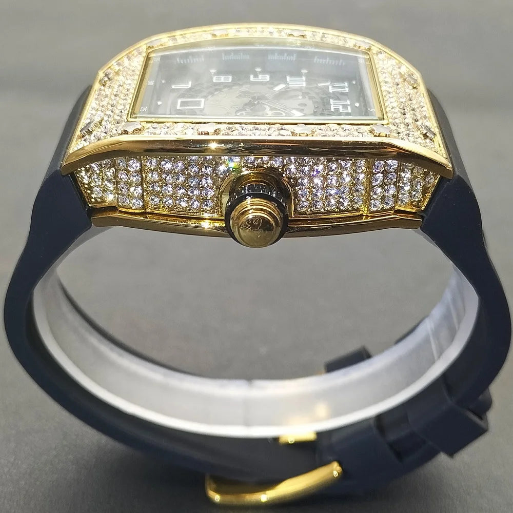 MISSFOX, nuevos relojes de pulsera para hombre, correa de goma Tonneau, reloj de cuarzo resistente al agua para hombre, relojes huecos de oro clásicos únicos para hombre, regalos